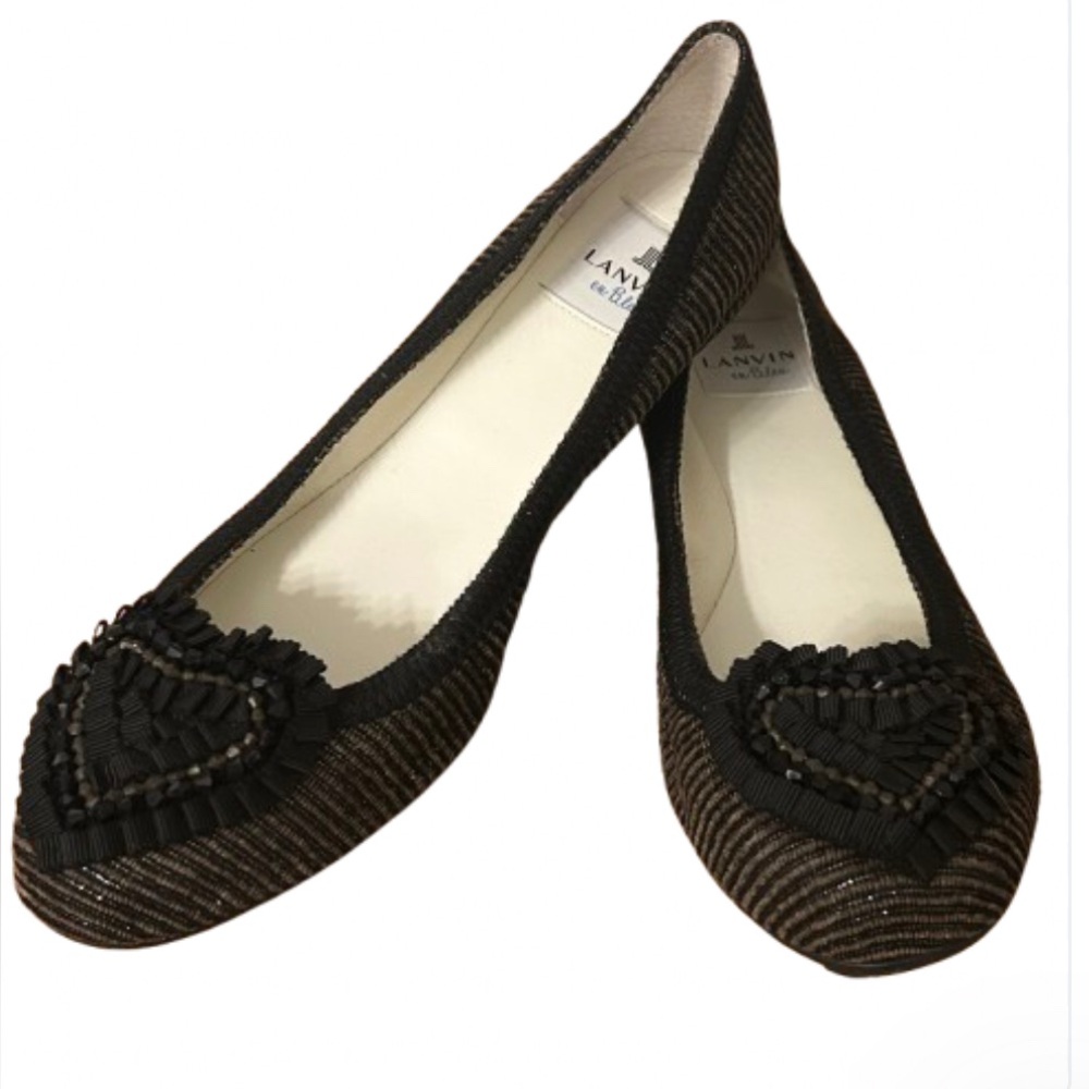 NEW LANVIN en Bleu Metallic Threaded Ribbon Heart Almond Toe Flats 7.5